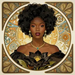 african, queen of the black lily, portrait, border and embellishments inspired by alphonse mucha, fractals in the background, inspired by artgerm, character concept art