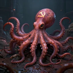 Illustration of the Chinese communist party as a dirty octopus with lots of tentacles, dystopian, dirty, 3d shaded, cyberpunk, volumetric lighting, cgsociety, octane render, imax, highly detailed, 8k,