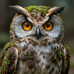 humanoid figure owl faced monster, symmetrical, highly detailed, digital art, sharp focus, amber eyes, moss, trending on art station
