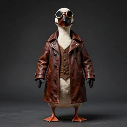 anthropomorphic goose wearing steampunk leather goggles, leather facial mask, a long leather coat, dramatic lighting, full body shot, sigma 5 0 mm