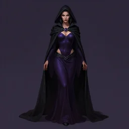 Fantasy portrait, Necromancer, female, dark garments, dark pruple robes, midriff, Black cloak from neck to ankles, pin-up, matte painting, artstation