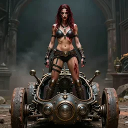 vertical movie frame with female warrior standing on steam punk buggy with wood wheels, hyperrealism, armor inspired by bikini and doom and fashion, fit body, brutal blooded sluty symmetrical face, epic, award winning, establishing shot, extremely high detail, photorealistic, brutal, provocative, octane render, editorial, documentary photography