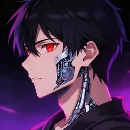 profile of a beautiful! male with red mechanical! eye, neon glowing dark background by Tomohiro Suzuki
