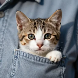 a really cute kitten in a pocket, vivid colours, dark shadows, hyper - realistic, highly detailed, photograph