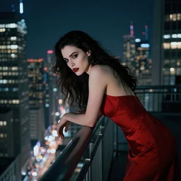 portrait of a beautiful vampire pensively leaning over the railing on a skyscraper with the nighttime cityscape in the background. wearing a red dress. facing the artist. masterpiece by artgerm and greg rutkowski and ilya kuvshinov paul lerh
