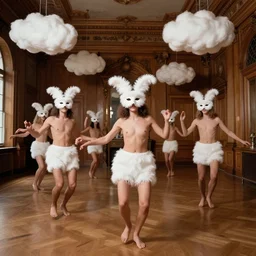 realistic photo portrait of the friends, white carnival fluffy mask, wearing hairy fluffy cotton shorts, dancing in the spacious wooden polished and fancy expensive wooden room interior with many cloud sculptures 1 9 9 0, life magazine reportage photo