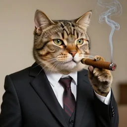 an antropomorphic cat wearing a suit smoking a cigar