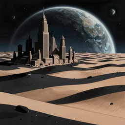 a beautiful illustration of an alien planet with a desert of black sand and towering city ruins, in the style of a science fiction anime film, trending on artstation