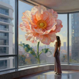 giant flower as head, woman next to modern windows, luxury apartment, surreal photography, dramatic light, impressionist painting, digital painting, artstation, james gilleard