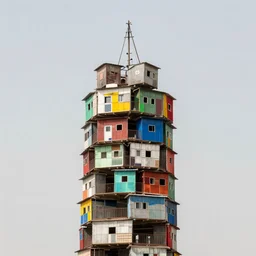 a tower made up of colourful makeshift squatter shacks, mamiya, f 1 1, fully frontal view, uniform plain sky, photographed by julie blackmon