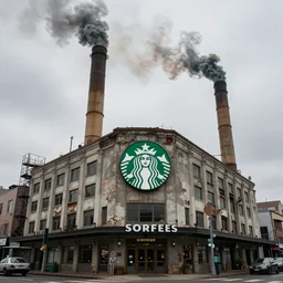 a dilapidated immense Starbucks coffee shop building with giant green Starbucks logo and tall smoke stacks, thick black smoke billowing, overcast, dystopian, bad vibes, photorealistic, sharp focus, hyper detailed, octane render