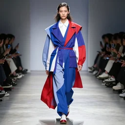 brutalist fashion incorporating red white and blue, brutalist fashion show, studio lighting