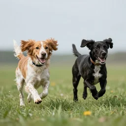 Two spaniel dogs running, one light brown spaniel dog white hair chest and one is a black spaniel dog with white hair chest running in a meadow low angle realism epic background 4k