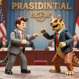 a presidential debate depicted as a ray harryhausen stop motion monster fight, 1 9 5 0 s film still, political cartoon