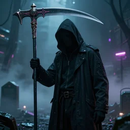 hyper realistic neon grimm reaper holding a scythe, photorealistic cinematic render, octane render, cyberpunk graveyard with fog atmosphere