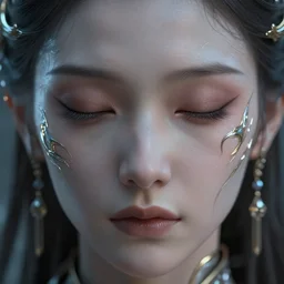 ultra realistic beautiful cyborg deity eyes closed, fantasy, intricate details, movie still, highly detailed, photorealistic, octane render, eerie, 8k