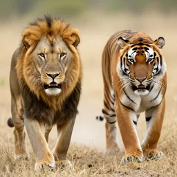 a man with a lion, a tiger approaches