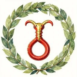 red ouroboros in the center of a circular frame of leaves, art by walter crane and arthur rackham, illustration style, watercolor