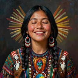 a beautiful portrait of an indigenous female shaman smiling with eyes closed feeling deep love for herself, symetrical ayahuasca design, designed by dr seuss and michal karcz, by cyril rolando and asher durand and natalie shau