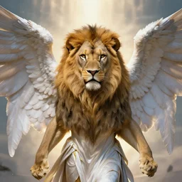 angelic warrior with the head of a lion and wings