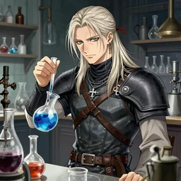 a digital copic maker portrait of geralt of rivia brewing potions in an alchemists laboratory detailed features harajuku fashion synthetic materials, by balenciaga and issey miyake by ichiro tanida and mitsuo katsui