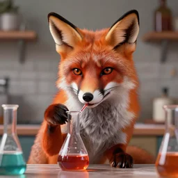 a fox mixing chemicals in a kitchen, portrait, fantasy, beautiful face, vivid colors, elegant, concept art, sharp focus, digital art, hyper - realistic, 4 k, unreal engine, highly detailed, hd, dramatic lighting by brom, trending on artstation