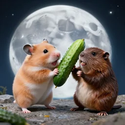 hamster from the moon knocking beavers with cucumbers, sci - fi, 8 k, fight shot, hyper realistic
