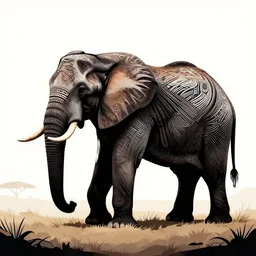 an elephant in the savannah, dogital art, black silhouette, tribal style, stunning