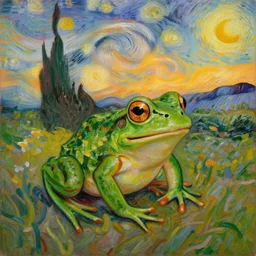 a painting on a frog at sunset, Van Gogh style