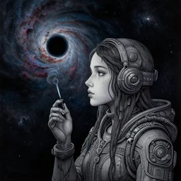 girl smoking in space, nebula, dark colors, black hole, acrilic paint, digital, artstation, detailed, intricate ink, illustration, heavenly atmosphere, digital art, over detailed art, conceptart