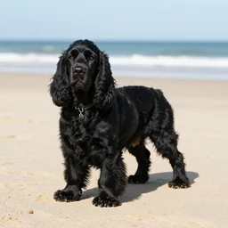 black english cocker spaniel on the beach chilling