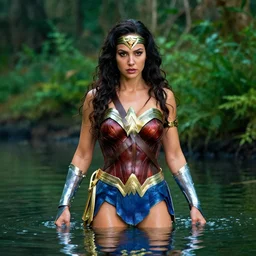 Wonder Woman as beautifull forest nymph emerging from the water