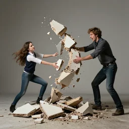 man breaking into pieces while a woman tries to hold the fallen parts, surreal, spawn