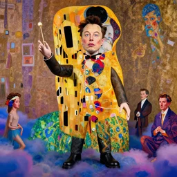 the world's richest man is a ventriloquist dummy from heaven!, psychedelic bliss trip, elon musk! as the puppet master, patterned skin, trending on artstation, photorealism, vibrant colors, digital art, in the style of harumi hironaka, gustav klimt, egon schiele, copy whitmore, david bates, monet, octane render, establishing shot
