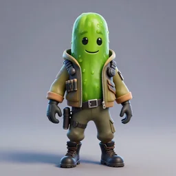 fortnite character, anthropomorphic pickle, kind eyes and a derpy smile. flak jacket, ammo bandolier, cargo pants, black combat boots. fortnite style, unreal engine