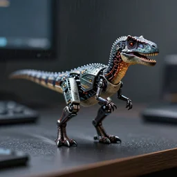 action photography, long shot, dark and rainy, award winning macro photo of an ultra detailed intricate tiny robotic velociraptor standing on a desk, fast shutter speed, motion blur, tiny gaussian blur, highly detailed, highly intricate, depth of field, national geographic