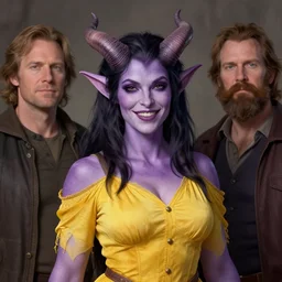 a purple skin tiefling woman, smiling, dark hair, curvy horns, with and yellow shirt and dress, chaste, portrait by rossdraws and daniel docciu and dave dorman