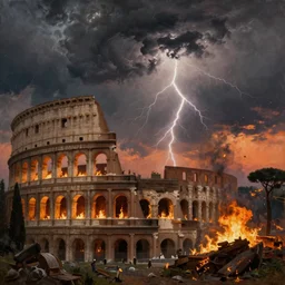 ancient rome burning during heavy storm, thunder, sunset, beautiful, award winning, oil painting