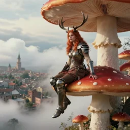 a photo of an armored woman warrior redhead with antlers sitting on the edge of a giant red cap mushroom that covers a whole town and reaches above the clouds by luis royo. intricate. lifelike. soft light. sony a 7 r iv 5 5 mm. cinematic post - processing