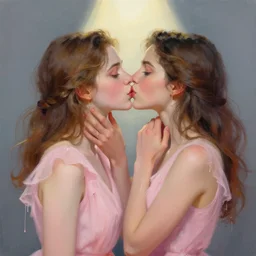 portrait of two beautiful girls kissing, elegant dresses, intimate, pastel shades of pink, beautiful face, rule of thirds, spotlight, drips of paint, expressive, passionate, by greg rutkowski, by jeremy mann, by francoise nielly, by van gogh, digital painting