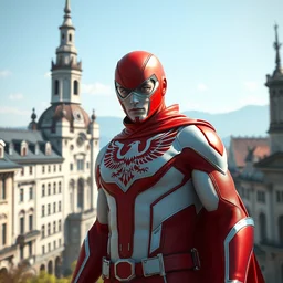 superhero, red and white costume colors, with an eagle emblem, eagle logo, vienna city, european buildings, austrian architecture, highly detailed, digital painting, artstation, concept art, smooth, sharp focus, illustration, unreal engine 5, 8 k, art by artgerm and greg rutkowski and edgar maxence