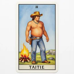 an ethereal tarot card painting of a shirtless cowboy with a thicc build and belly | background is a serene campfire | tin cans and jugs of whisky | tarot card, art deco, art nouveau | by Mark Maggiori and Alphonse Mucha | trending on artstation