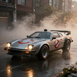 parked Ecto-1 from Ghostbusters, fog, rain, volumetric lighting, beautiful, golden hour, sharp focus, ultra detailed, cgsociety