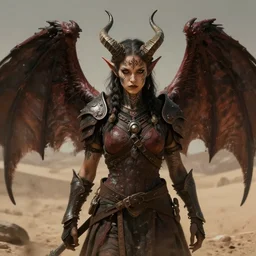 portrait of a femaale daemon monk warrior, small horns, demonic wings looming behind, tattoo on face, in the style of victor adame minguez, trending on artstation, desert background, shadowy, chaotic undertones, high detail, 8 k