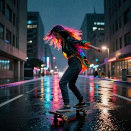 a person with long, flowing hair skateboards through an empty brutalist city in the rain, colored gel lighting, reflective surfaces, midnight, portra, film grain, high contrast, chromatic aberration, reminiscent of blade runner, dynamic pose