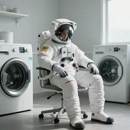 a beautiful photo of an astronaut sat on a chair in a laundry room, soft light, morning light, photorealistic, realistic, octane, 8k, cinematic shot