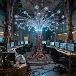 zoomed out, a room crowded with wires and computers and neural networks, zoomed out, sci - fi, ai, 4 k realistic, artem demura. art nouveau. wires!
