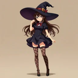 young witch, brunette, checked stockings, short dress, huge hat, full bodyshot, anime, art by miaormoa
