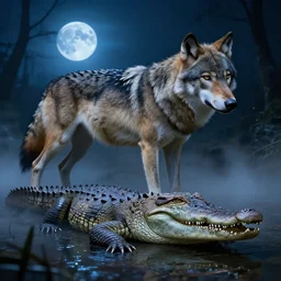 A wolf's body and a crocodile's head stitched together, dark misty swamp illuminated by a blue moon, professional art made with photoshop