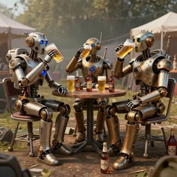backstage at a festival, 3 futuristic steampunk robots sitting on chairs drinking beer, on the table and floor are many bottles of beer and wiskey, exaggerated detailed, unreal engine